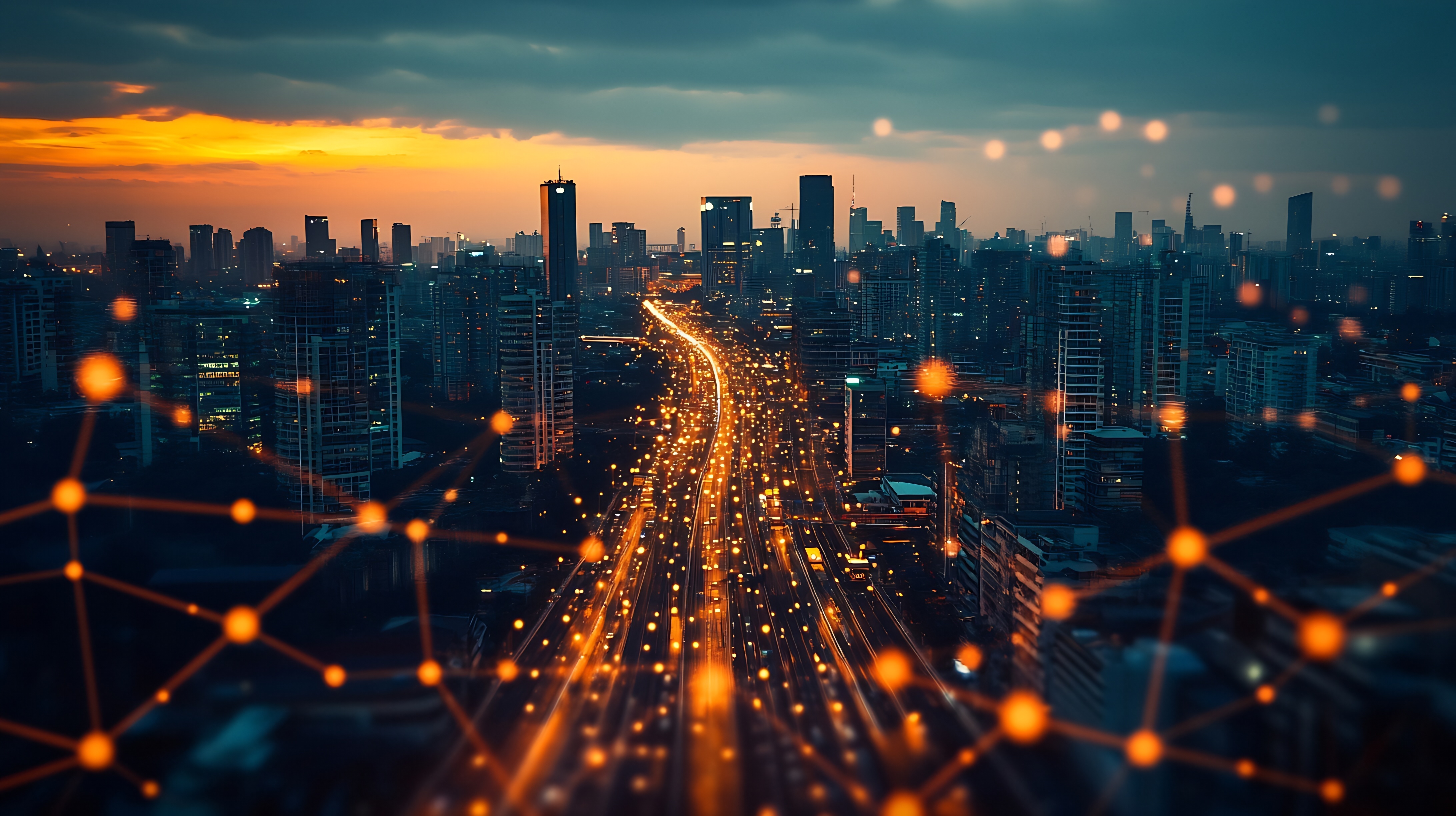 Digital technology IoT Internet of Things Global internet network, running through a city