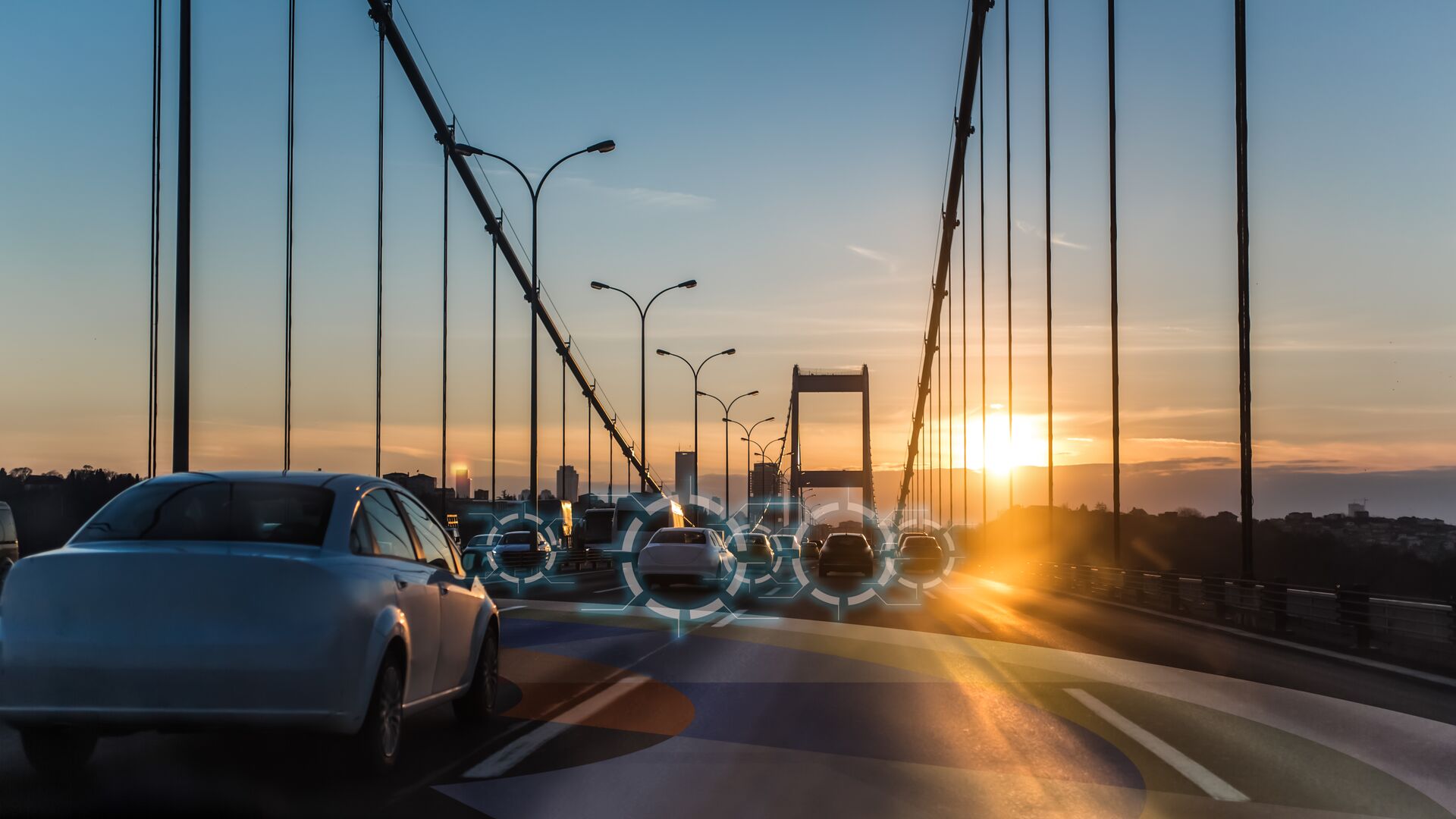 Smart cars driving over bridge